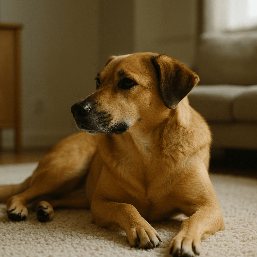 Chien adulte couché sur un tapis, truffe visible en vue de profil