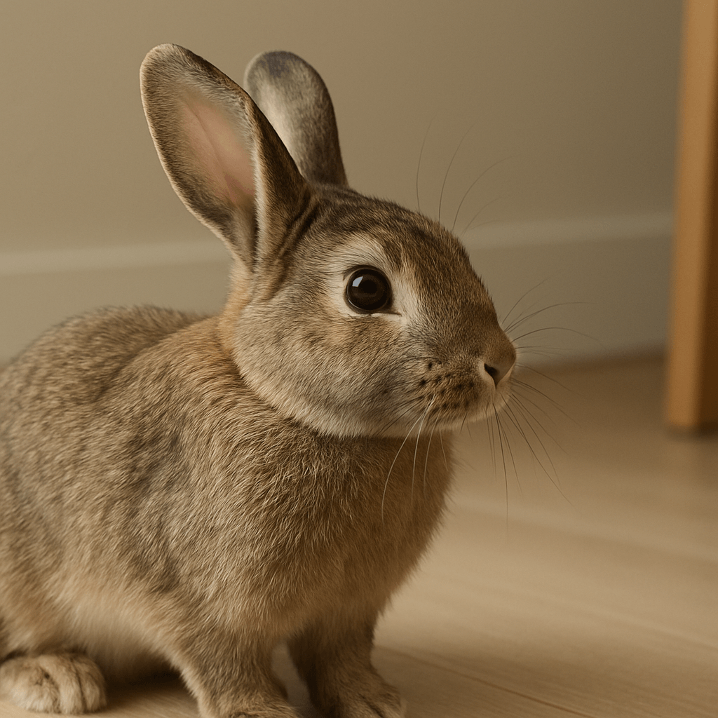 Lapin domestique observé de profil dans un espace intérieur calme et dégagé